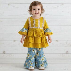 Boutique Aqua & Mustard Ruffles Outfit, Girl's